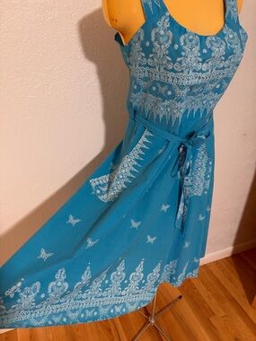 Sleeveless Blue ButterflyPrinted Midi Sun Dress Wrap Waist Tie Vintage